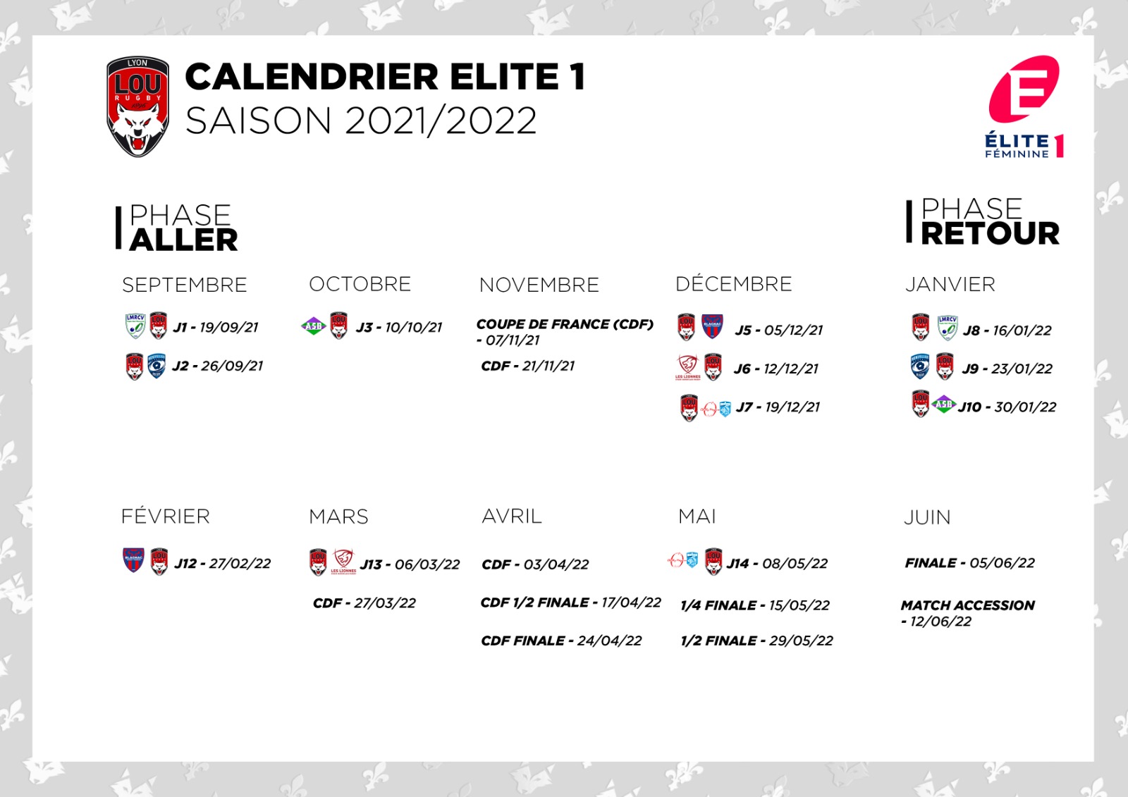 Calendrier Lou Rugby 2023 Féminines Séniors | Lou Association
